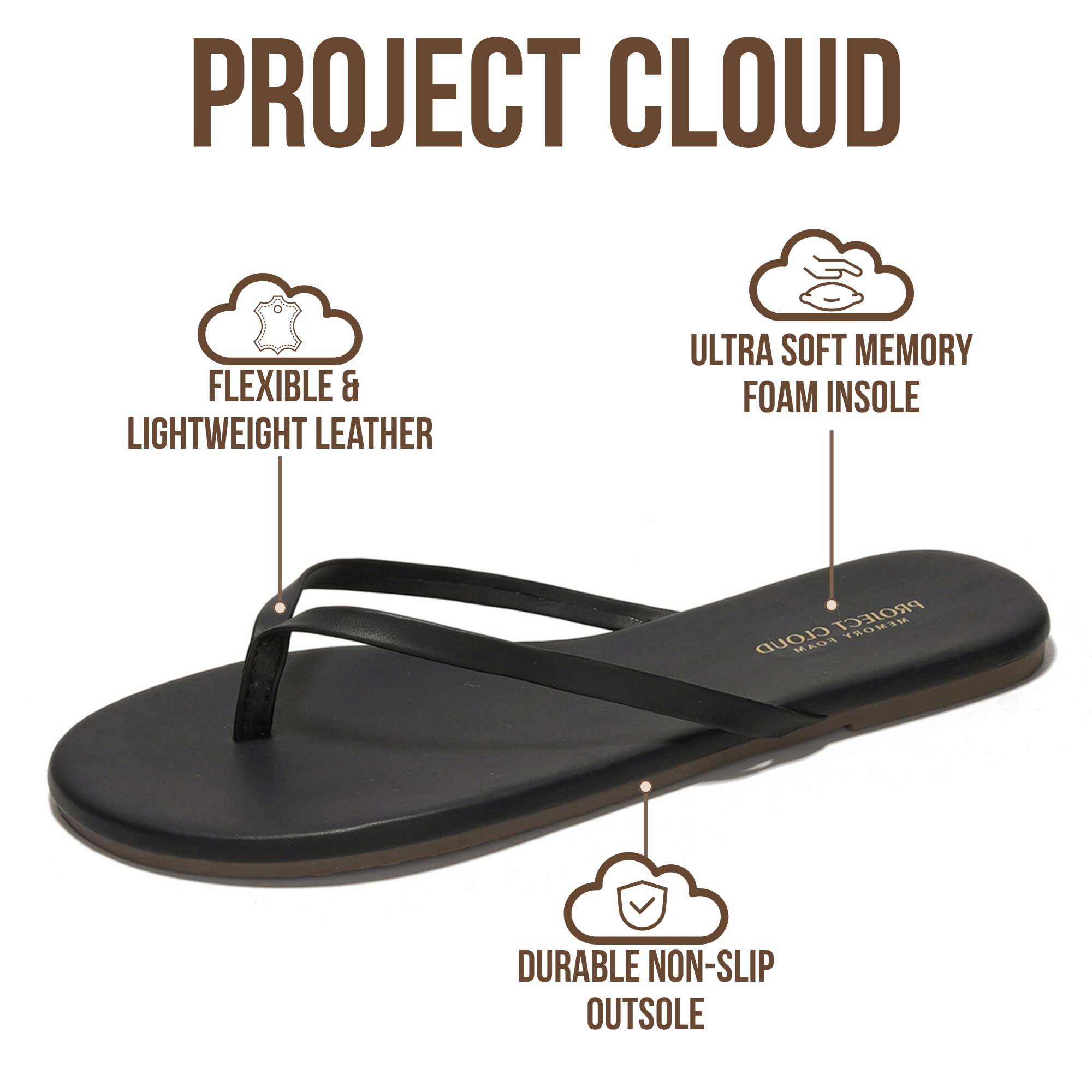 Project Cloud Flip Flops for Women Footwear- Lightweight and Memory Foam Insole Sandals for Women 2026 - Durable Non-Slip Beach Essentials Flats for Women Sandals (Foundations, Black, 8)