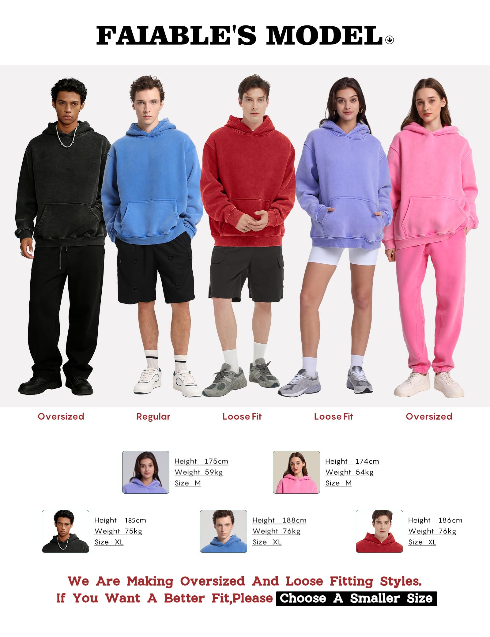 FAIABLE Mens Hoodies Oversized Unisex Acid Wash Hoodie Heavyweight Fleece Vintage Washed Distress Cotton Sweatshirt Men Women Couples Streetwear College Casual Fall Winter Autumn 2026 Bright Blue