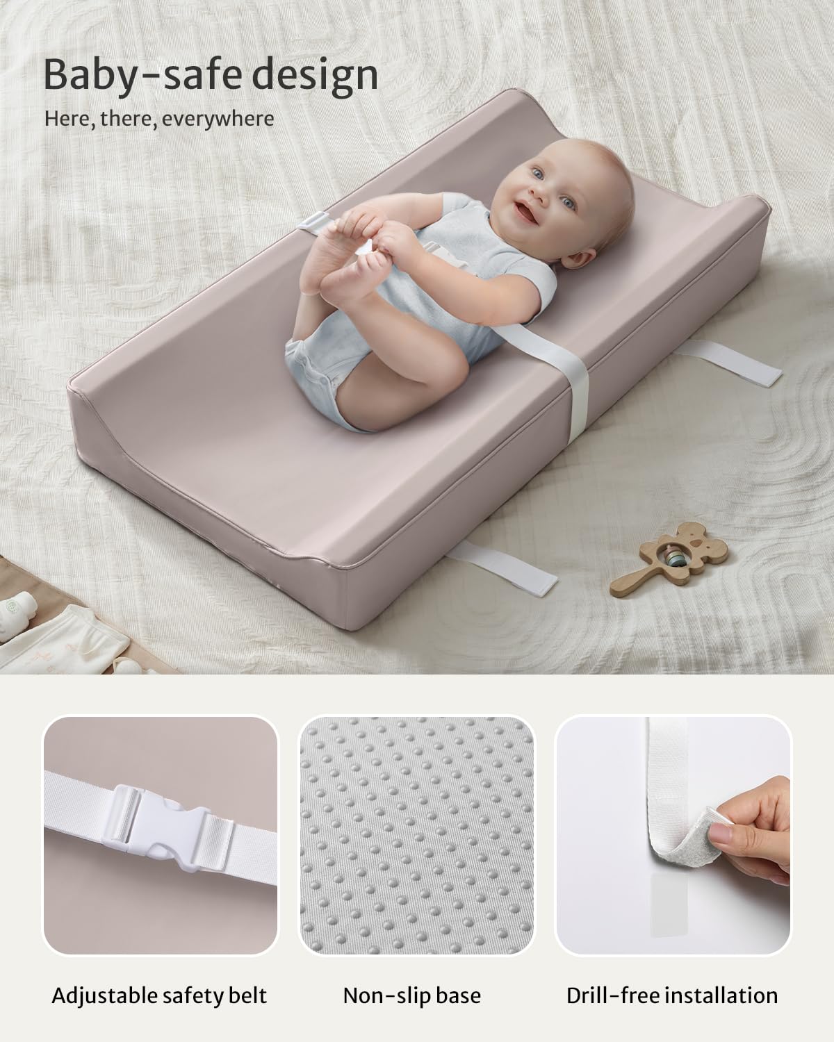 Blissful Diary Vegan Leather Baby Changing Pad with Waterproof & Wipe-Clean PU Cover, Standard Size Cozy Diaper Changing Pad for Dresser and Table, Taupe