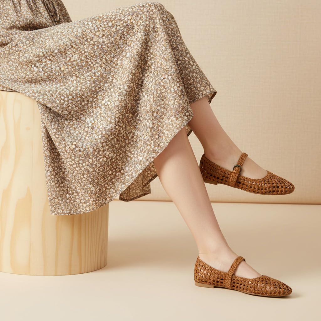CUSHIONAIRE Weston Hand Woven Mary Jane Flats for Women, Comfortable Dressy Ballet Flats with Braided Adjustable Buckle and Memory Foam Cushioning, Cognac 8