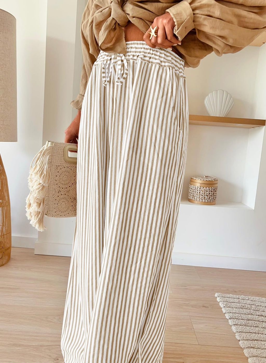 Acelitt Womens Casual Striped Wide Leg Pants Drawstring Elastic High Waisted 2026 Spring Fashion Beach Pants Trousers with Pockets Khaki Medium