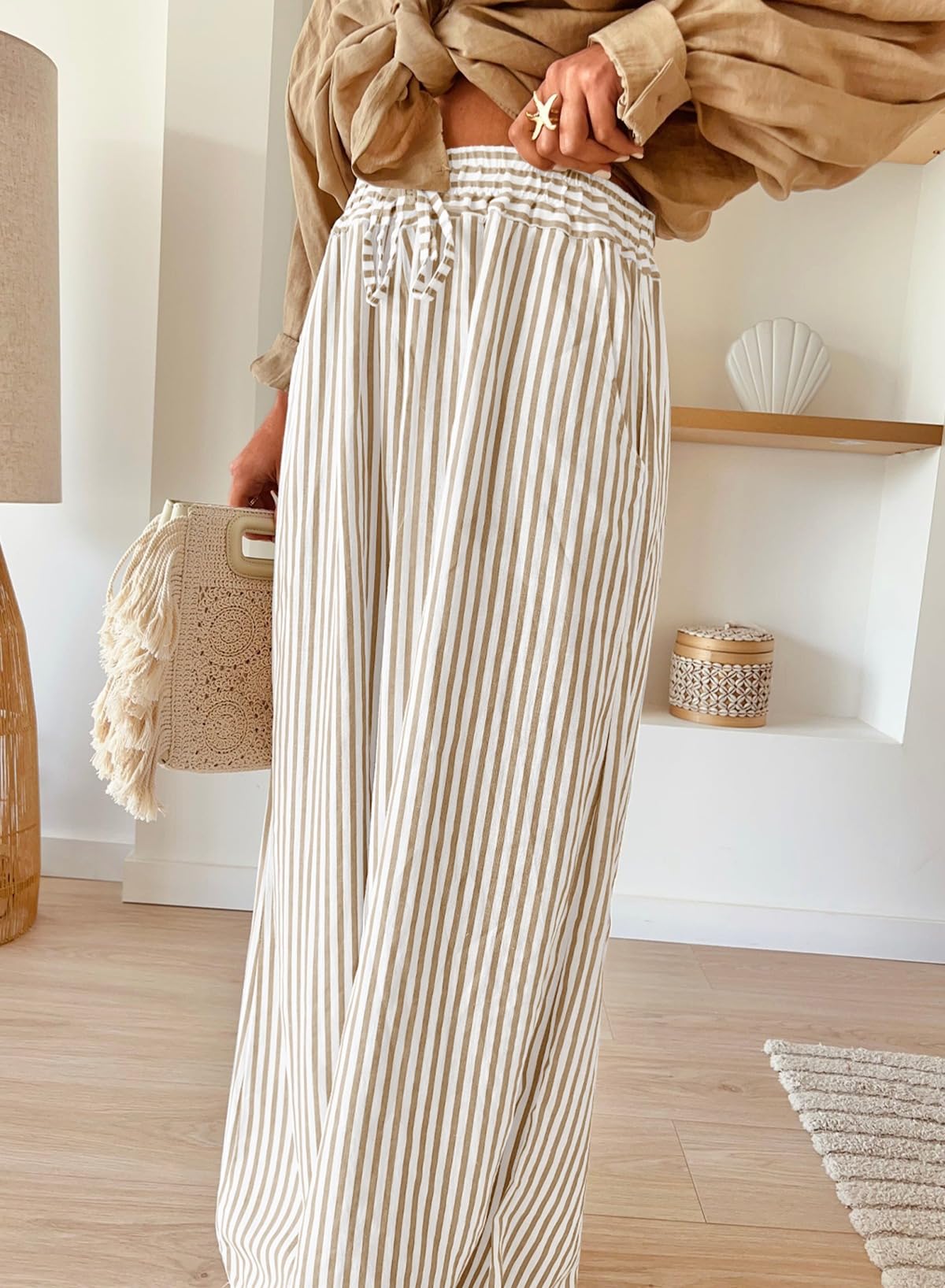Acelitt Womens Casual Striped Wide Leg Pants Drawstring Elastic High Waisted 2026 Spring Fashion Beach Pants Trousers with Pockets Khaki Medium