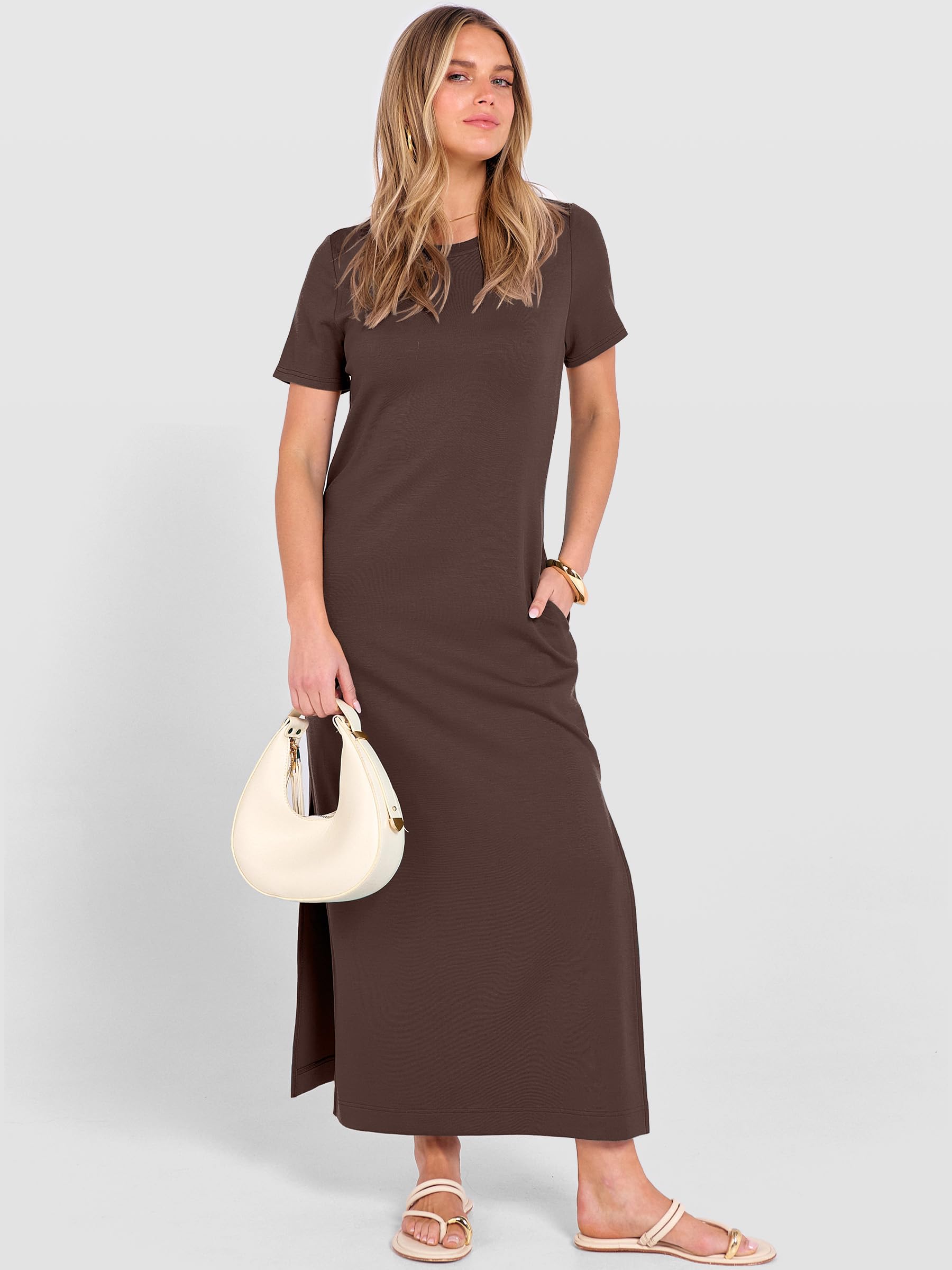 ANRABESS Womens Summer Casual Maxi Dress Short Sleeve Crewneck Split Wrinkle-Free Travel Long Sundress Beach Vacation Clothes Brown X-Large
