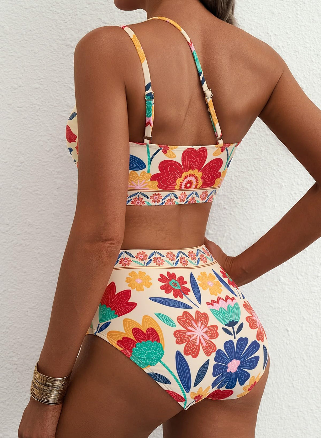 Herseas Women Bikini Sets One Shoulder Supportive Swimsuits Summer 2026 High Waisted Tummy Control 2 Piece Bathing Suits Fashionable Athletic Outfits Teen Girls Multicolor Floral X-Large