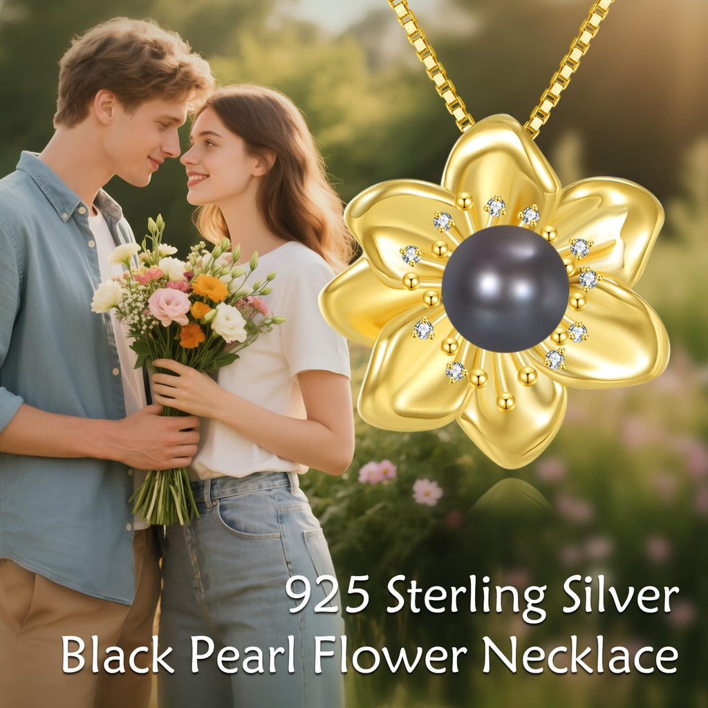 Diamond Flower Necklace for Women, 925 Sterling Silver Freshwater Cultured Black Pearl Pendant Necklaces with Lab Grown Diamonds Jewelry Gifts for Christmas Mothers Day Birthday