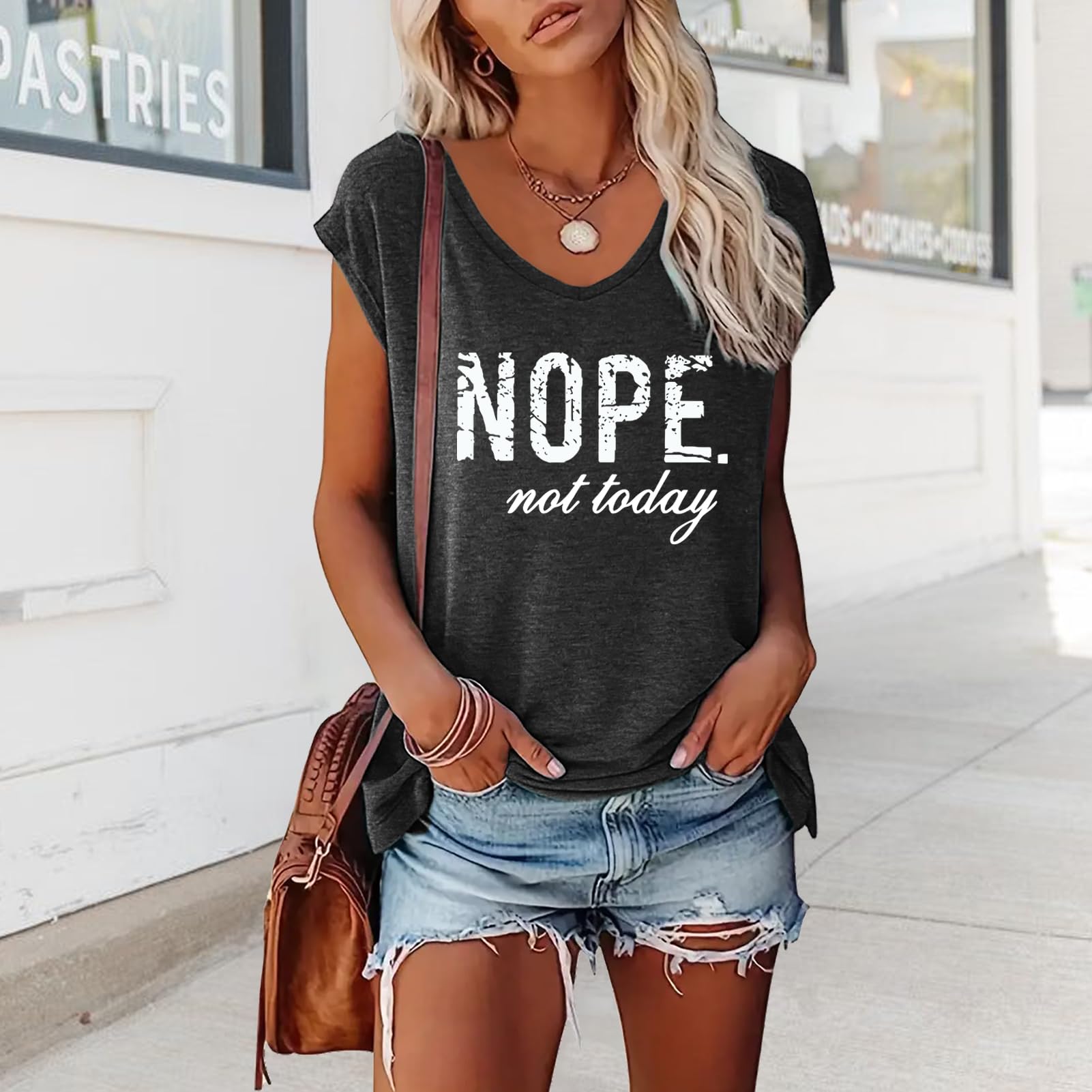 YITAN Women Nope Graphic T-Shirt V-Neck Cap Sleeve Tops Dark Grey Small