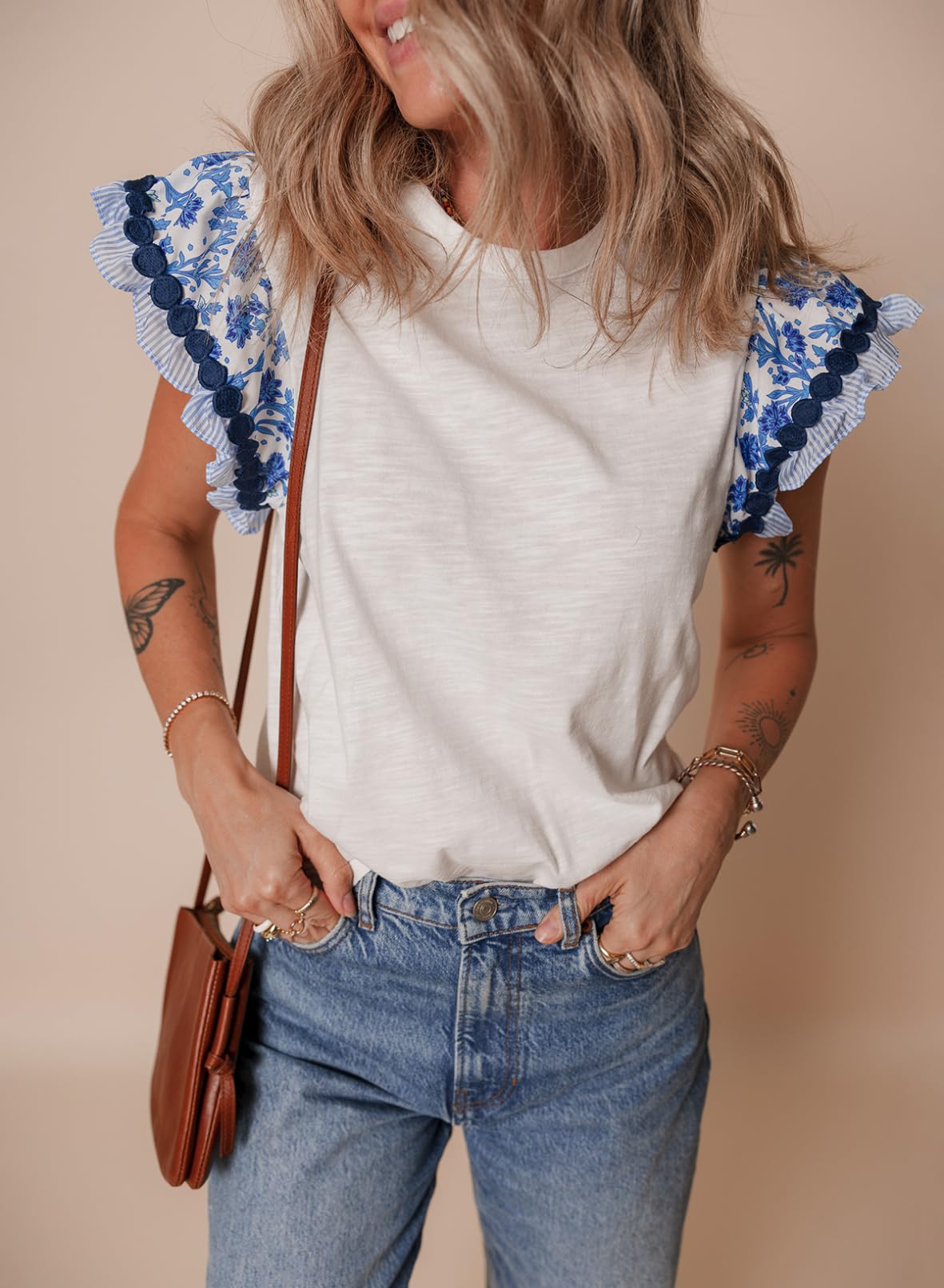 Acelitt Womens Summer Ruffle Short Sleeve Top Crewneck T Shirts Boho Floral Trim Casual Blouses 2026 Fashion Clothes Outfits Blue Medium