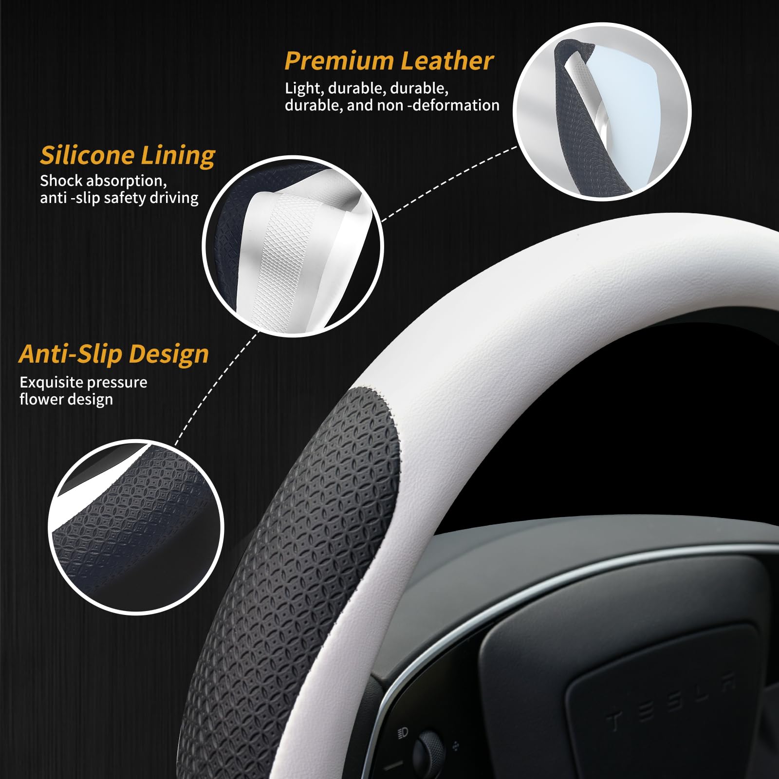 Uxcer Premium Leather Steering Wheel Cover for Tesla Model 3/Y 2016-2025 2026 Juniper/Highland, Non-Slip Breathable Tesla Model 3/Y Steering Wheel Protector, White