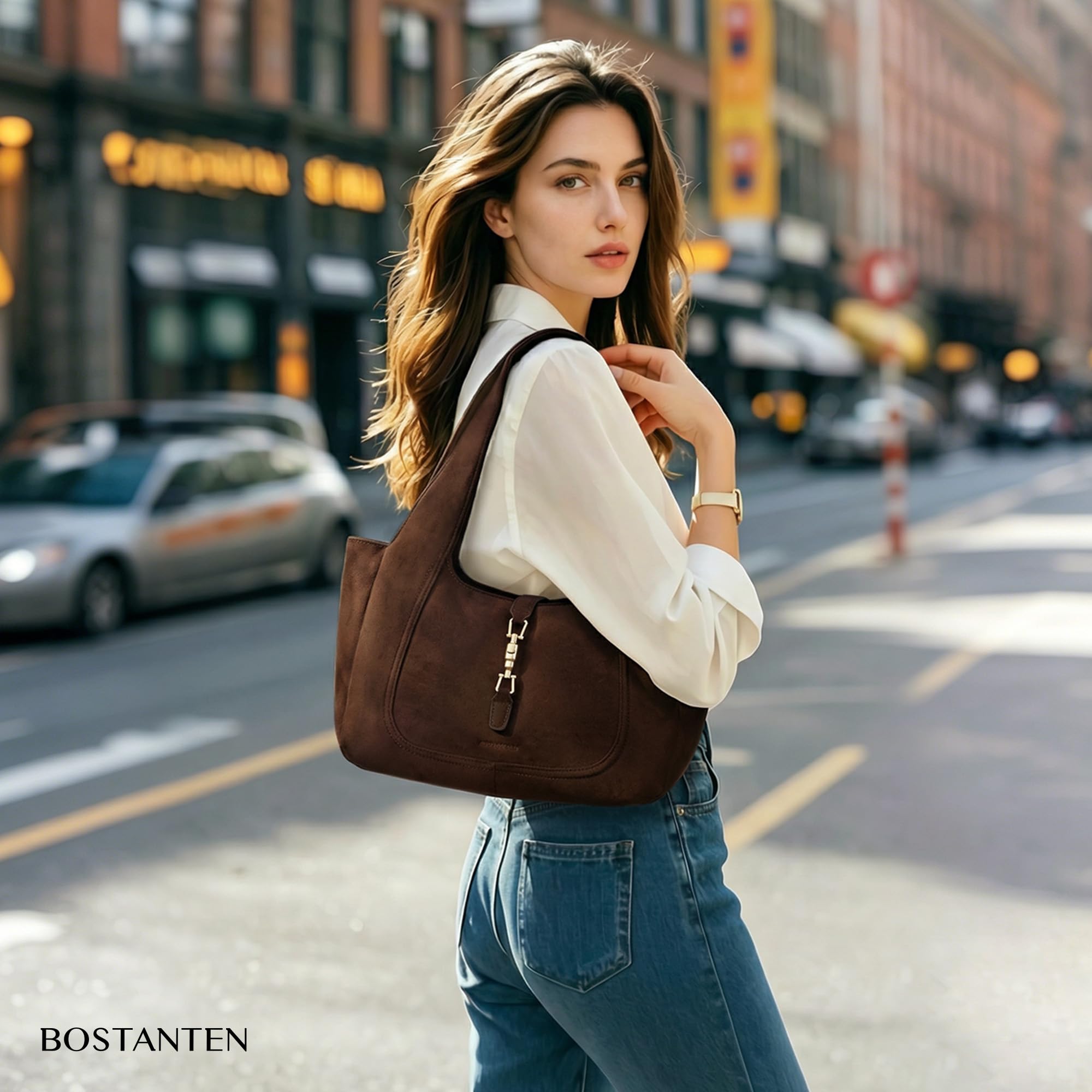BOSTANTEN Vintage Shoulder Bag for Women Suede Leather Tote Bag Ladies Lightweight Dumpling Handbag for Work Date Travel