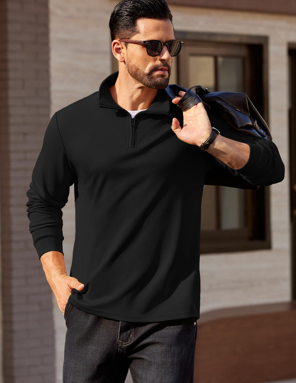 COOFANDY 1/4 Zip Pullover Mens Casual Half Zip Polo Shirt Classic Mock Neck Sweaters Long Sleeve Fashion 3/4 Zip Sweatshirts Black
