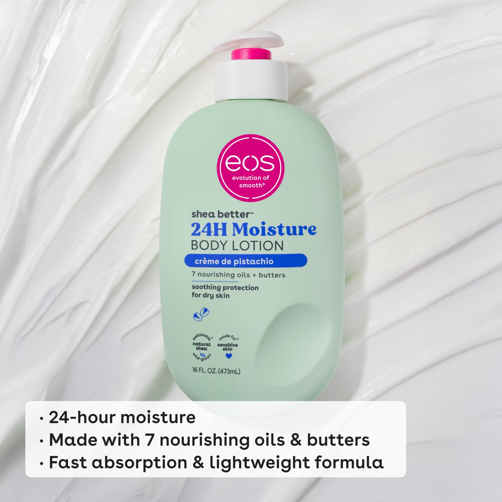 eos Shea Better Body Lotion- Crème de Pistachio, 24-Hour Moisture Skin Care, Lightweight & Non-Greasy, Made with Natural Shea, Vegan, 16 fl oz