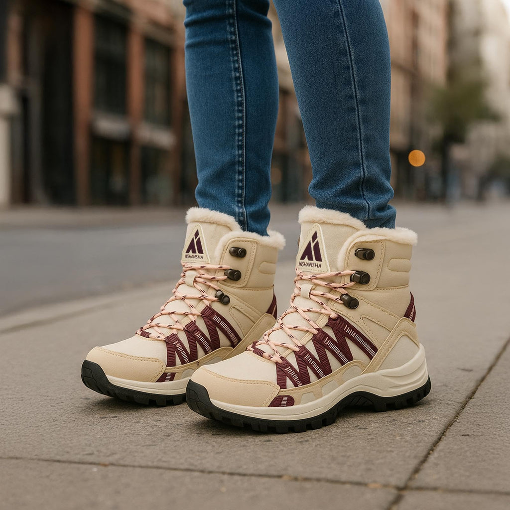 Mishansha Women's Winter Snow Boots Water-Resistant Warm Fur Lined Ankle Hiking Boot Non-Slip Outdoor Cold Weather Shoes Beige Size 8