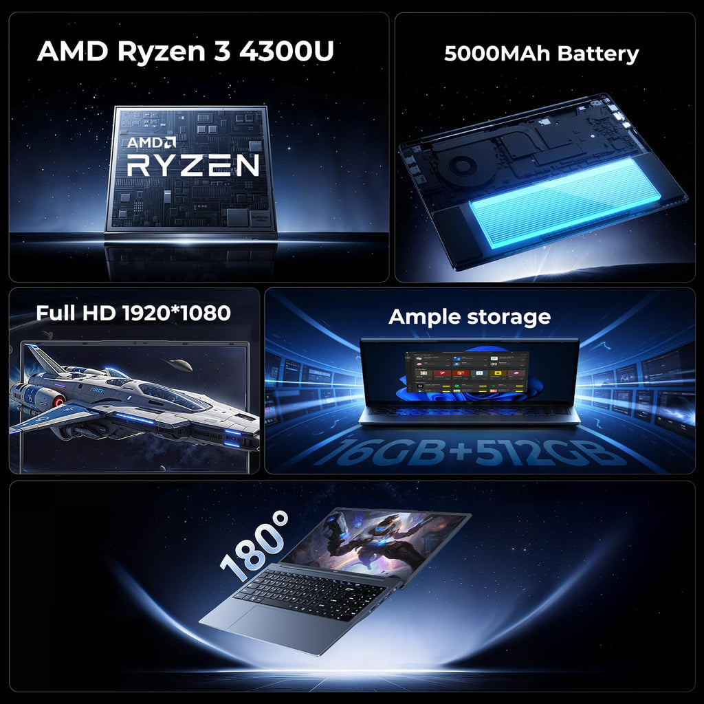 KONZID 2026 Laptop with AMD Ryzen 3 4300U Processor(Up to 3.7GHz), AMD Radeon Graphics,16GB DDR4 512GB NVMe SSD, Wi-Fi,Type-C,Webcam,15.6" Full HD IPS Display Portable Windows 11 Laptop Computer