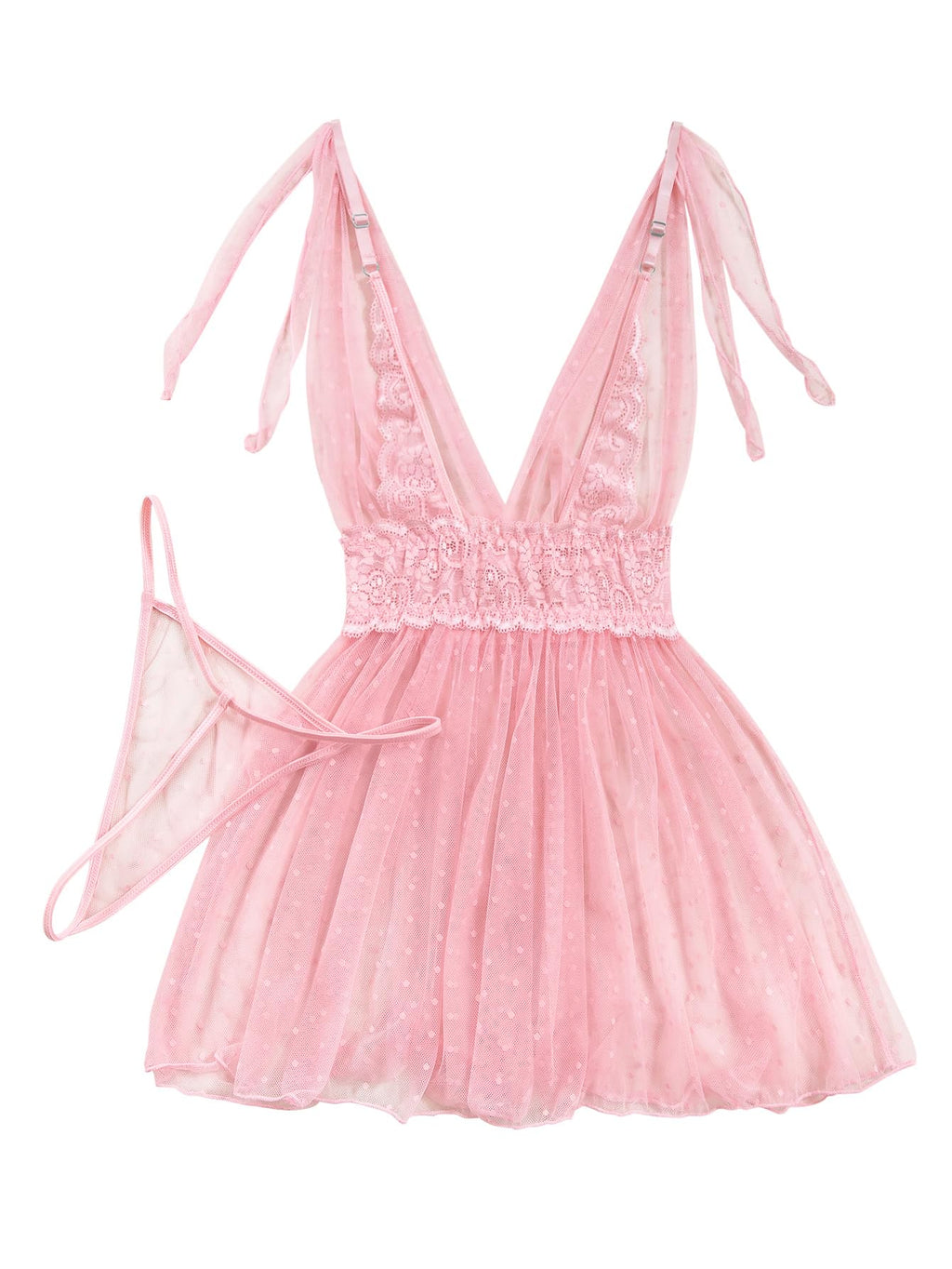 Lilosy Sexy Polka Dots Mesh Sheer Babydoll Chemise Lingerie Set Floral Lace Sleep Wear Women Deep V Slip Night Dress Nighty Negligee Gown With Thong 2 Piece Pink Medium