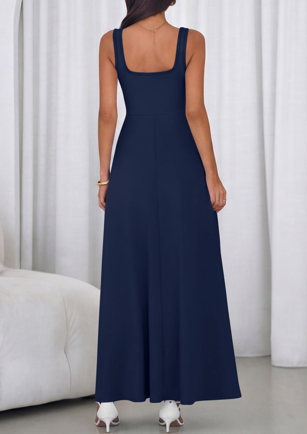 PRETTYGARDEN Womens Summer Dresses 2026 Sleeveless Elegant Square Neck Aline Swing Maxi Beach Wedding Guest Dress Pockets (Navy,Medium)