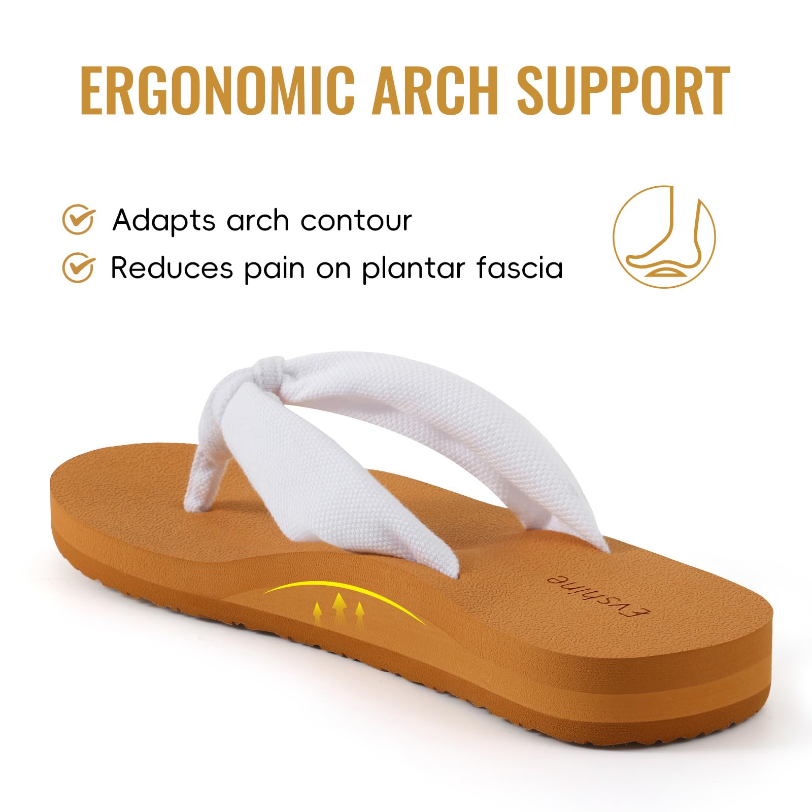 Evshine Women's Flip Flops with Moderate Arch Support, Summer Comfortable Yoga Mat Thong Sandals for Beach, Pool, Travel, White Khaki 39