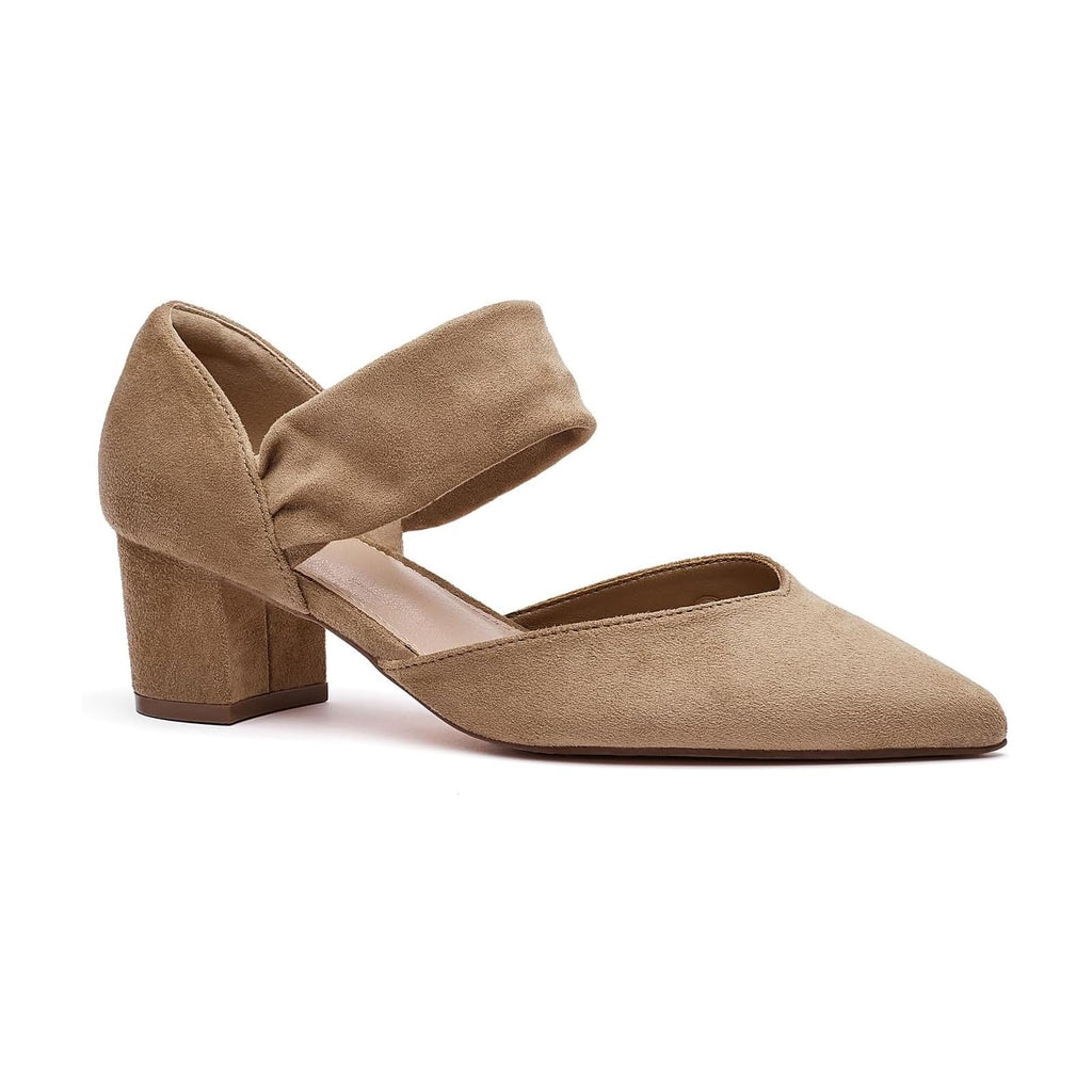 SONALOONG Block Heels for Women Comfortable Strap Closed Pointed Toe Heel Women's Low Chunky Pumps Beige