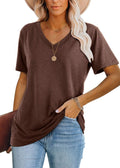 WIHOLL Tops for Women Trendy Short Sleeve Summer T Shirts for Women V Neck Tee Spring Clothes Loose Fitting Business Casual Tops Fashion Clothing Western Outfit for Women Brown L