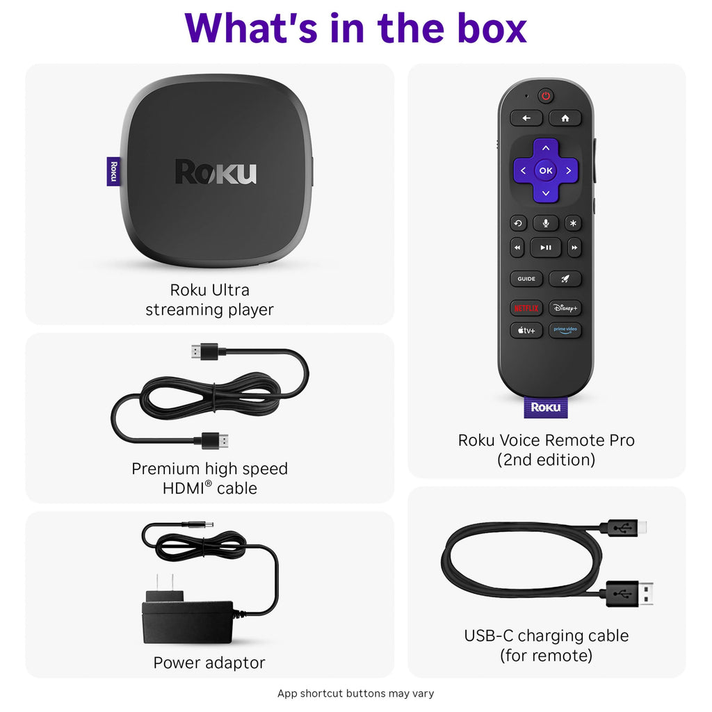 Roku Ultra - Ultimate Streaming Player - 4K Streaming Device for TV with HDR10+, Dolby Vision & Atmos - Bluetooth & Wi-Fi 6- Rechargeable Voice Remote Pro with Backlit Buttons - Free & Live TV