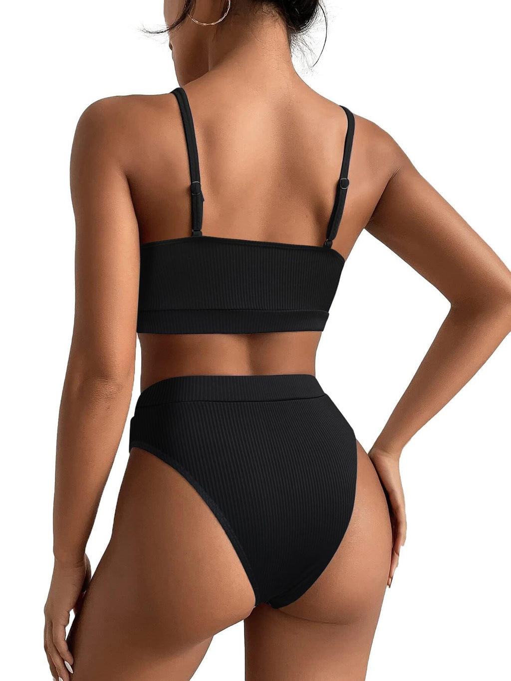 Lilosy Petite High Waisted Tummy Control Bikini Ribbed Sporty Brazilian Swimsuit Set Women Highwaisted Cheeky Cut Leg Rise Bottom Crop Push Up Top 2 Piece Bathing Suit Black X-Small