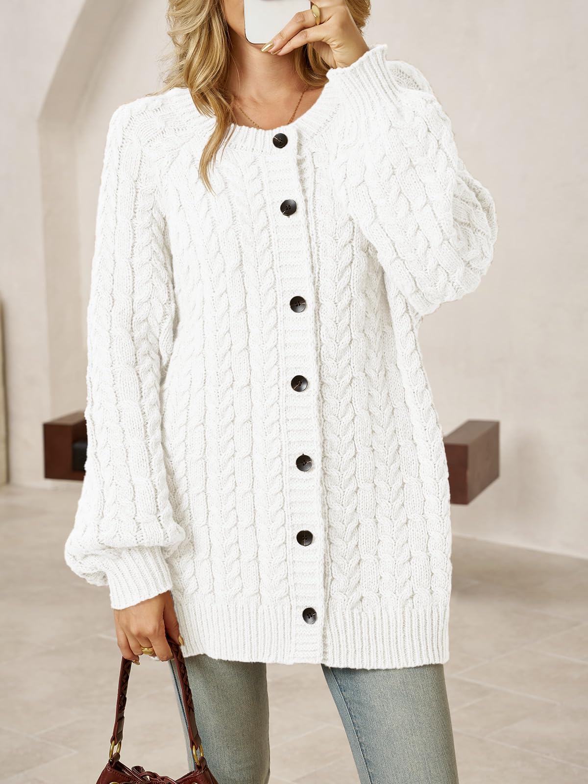 Saodimallsu Womens Cable Knit Cardigans Oversized Chunky Button Down Long Lantern Sleeve Crew Neck Warm Sweater Dress White