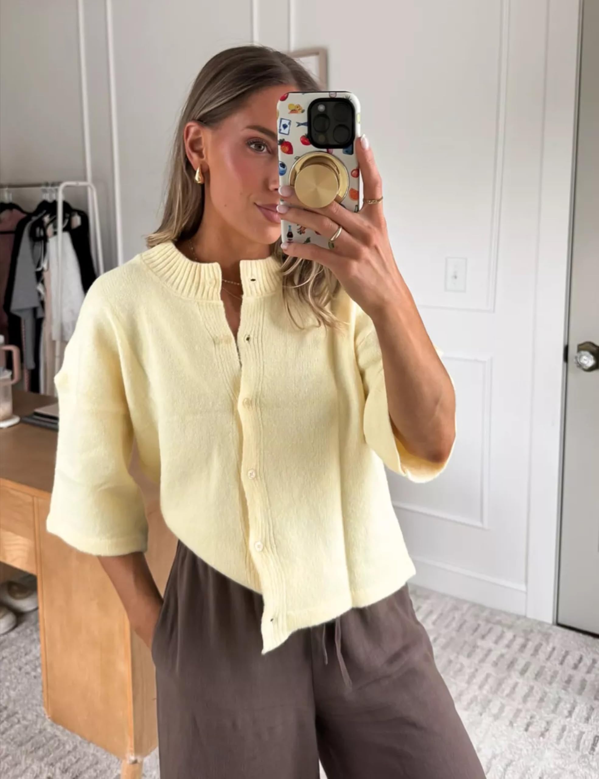 Springrain Cardigan Sweaters for Women Lightweight Knit Cropped Cardigan Button Up Solid Knitwear(Yellow-S)
