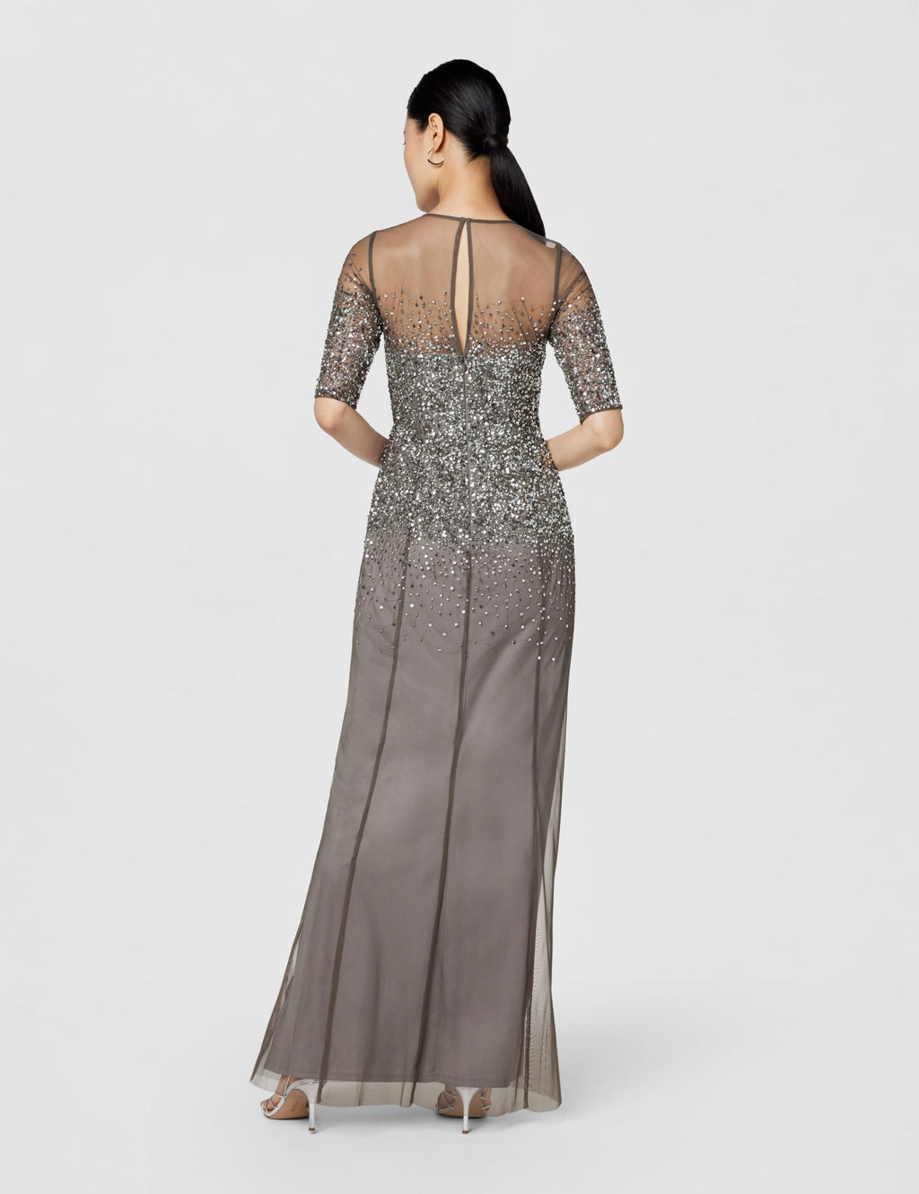 Adrianna Papell Women's 3/4 Sleeve Beaded Illusion Gown with Sweetheart Neckline, Lead, 6