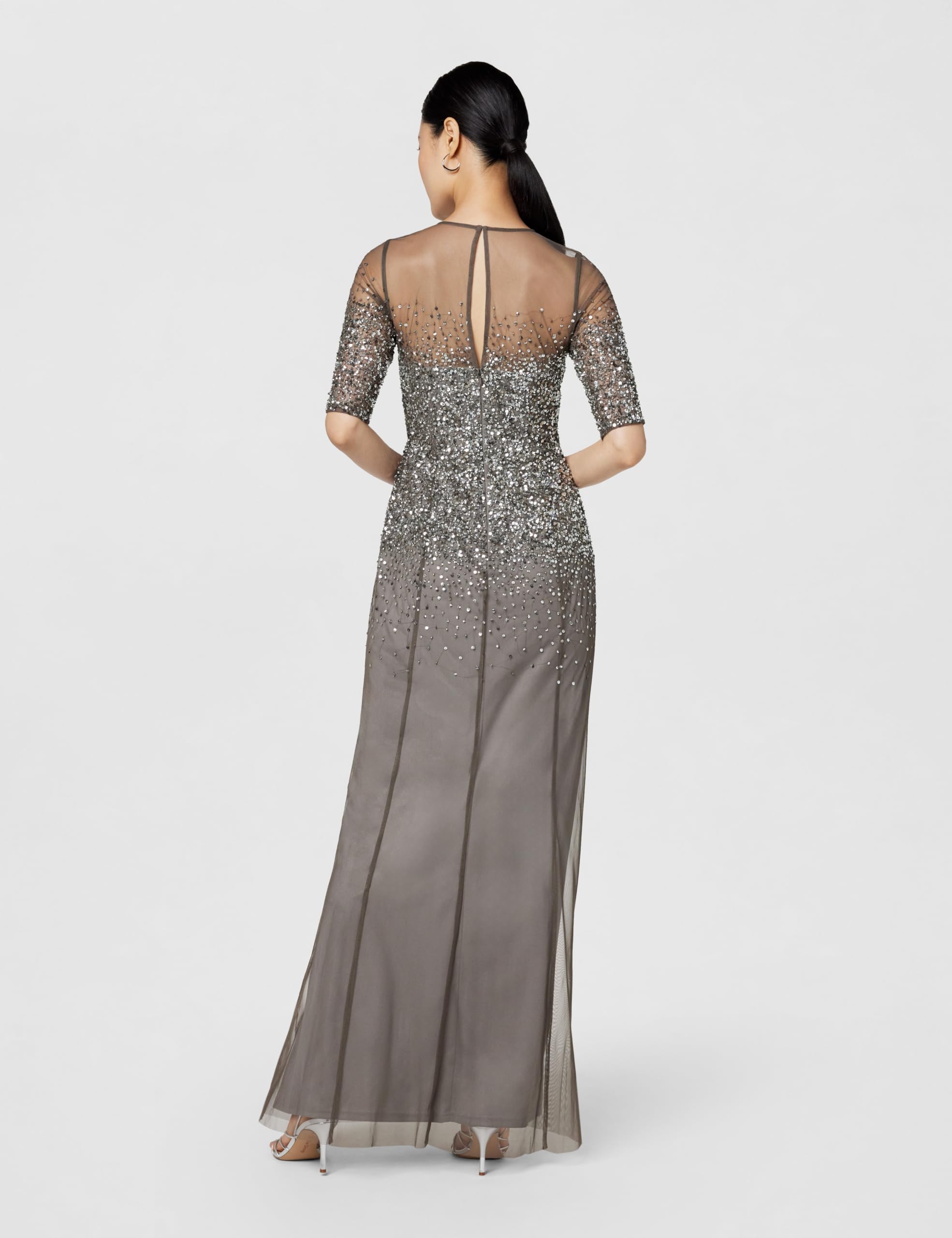 Adrianna Papell Women's 3/4 Sleeve Beaded Illusion Gown with Sweetheart Neckline, Lead, 6