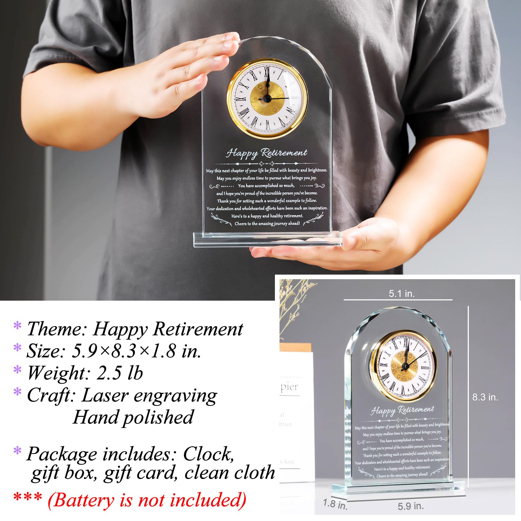 YWHL Retirement Clock Gifts for Women & Men, Best Happy Retirement Glass Plaque for Coworkers Boss, Going Away Retired Gifts for Friends, Farewell Goodbye Presents Ideas