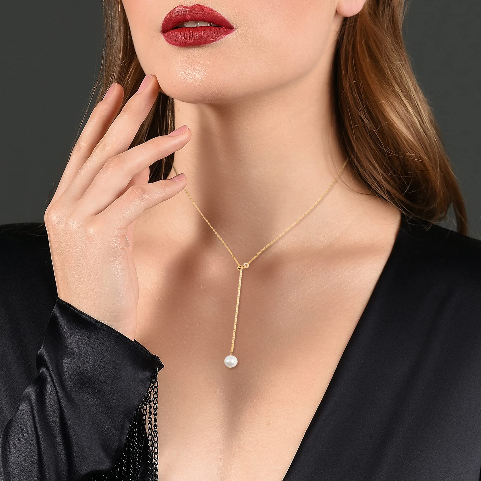Single Natural-Pearl Y-Shape Adjustable Choker Necklace - Rose Gold / 18K Gold / White Gold Plated Ladies 1MM Tiny Chain Dainty Drop Dangle Pearl Necklace, Wedding Valentine Mother day Pearl Jewelry Gifts for Women. (18K Gold)