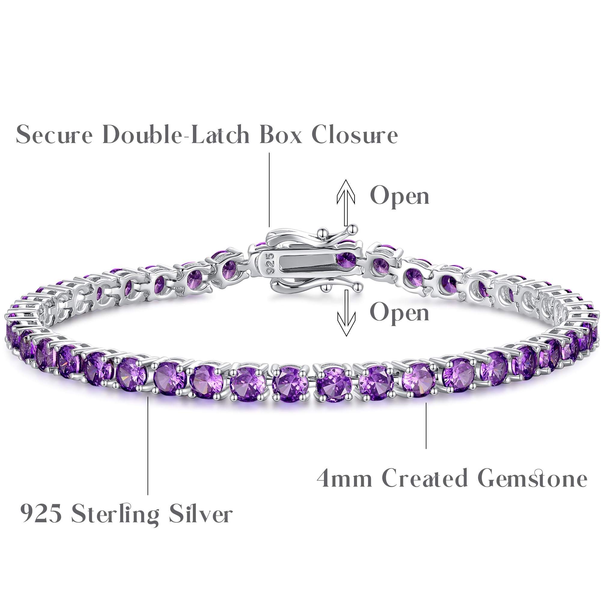 FANCIME Sterling Silver Tennis Bracelet Created Amethyst Tennis Bracelet February Birthstone Wedding Bridal Prom Fine Jewelry Gift For Women, Length 7.2 Inch Width 4mm