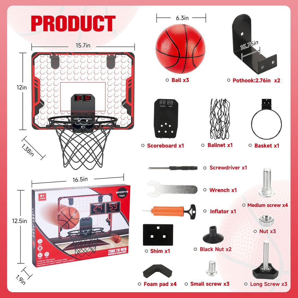 Figbush Basketball Hoop Indoor for Kids(4-12 Years Old), Over The Door Basketball Hoop with Scoring, Countdown and Music Accompaniment, Christmas Toys