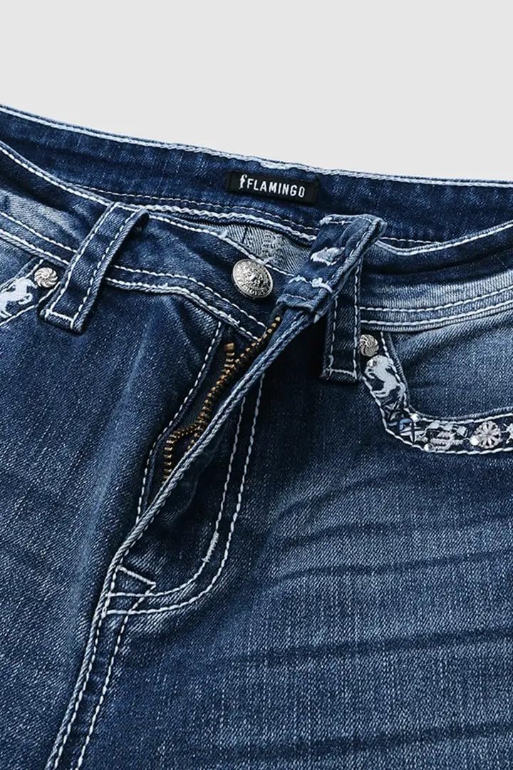 Flamingals Embroidered Bootcut Jeans for Women Mid Rise Stretchy Criss Cross Graphic Curvy Bell Bottom Jeans Navy Blue M