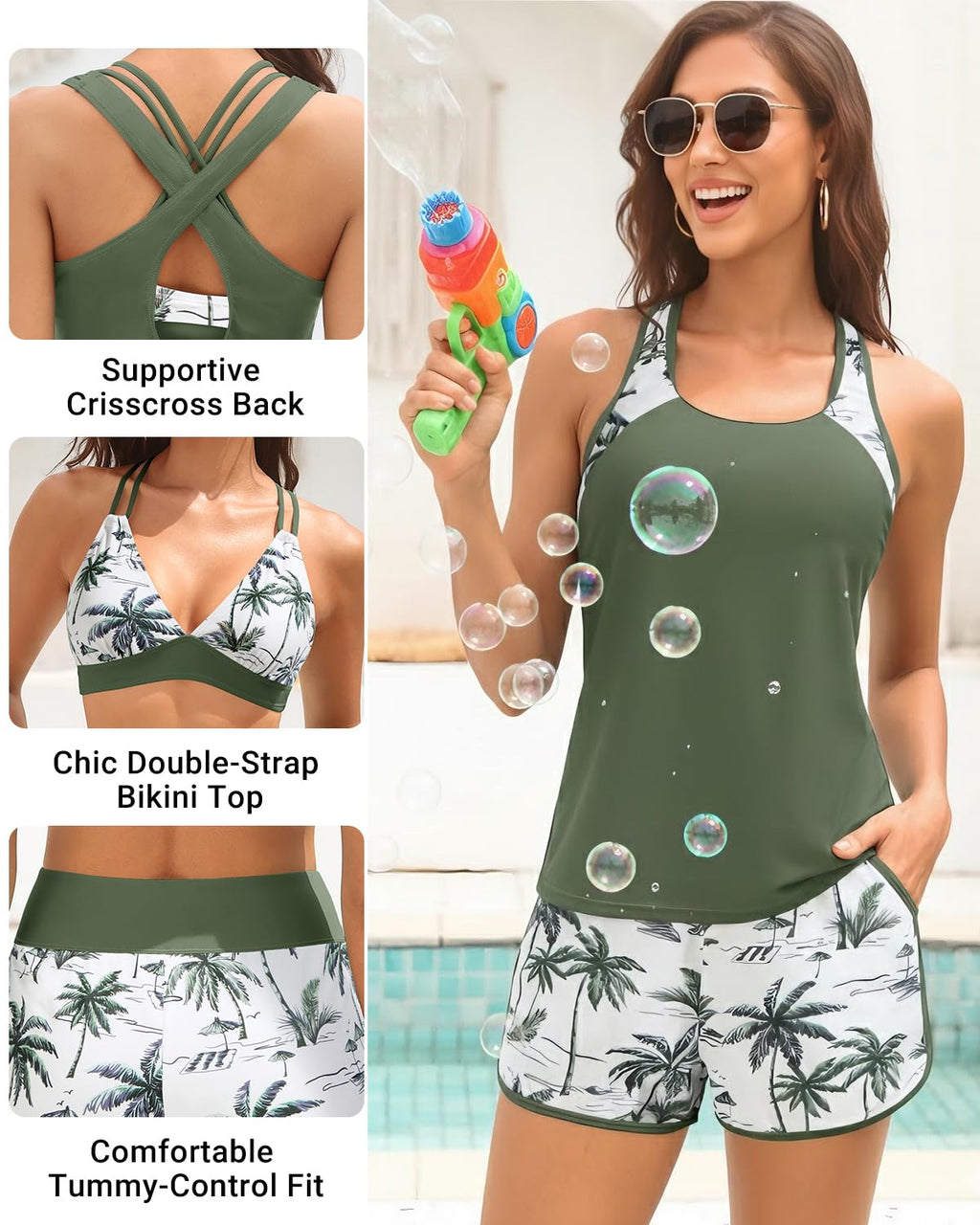 Daci Green Palm Tree Women 3 Piece Tankini Swimsuits - Tummy Control Tank Top with Bra Modest Bathing Suit with Pockets Boyshorts Bottom 2026 L