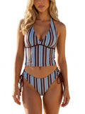 ZAFUL Women's Striped Halter Tankini Set Deep V Tie Side Two Piece Swimsuit Blue M
