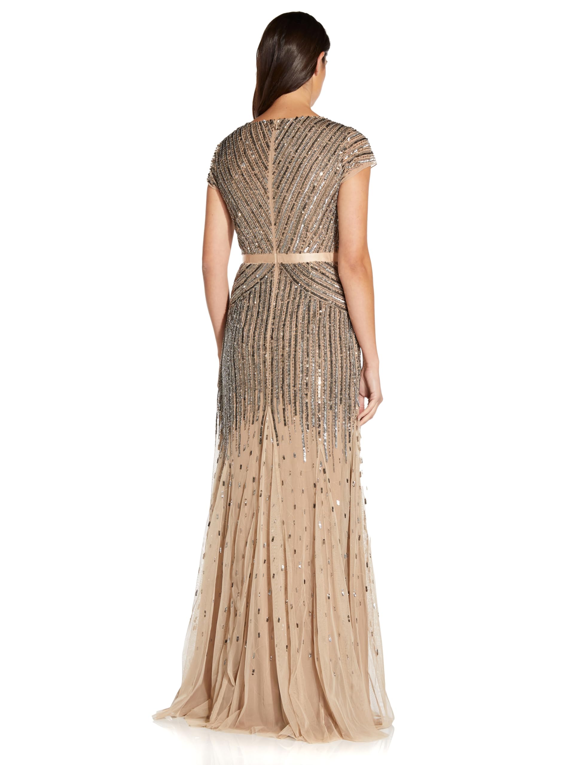Adrianna Papell Women's Long Beaded V-Neck Dress with Cap Sleeves and Waistband, Nude, 4