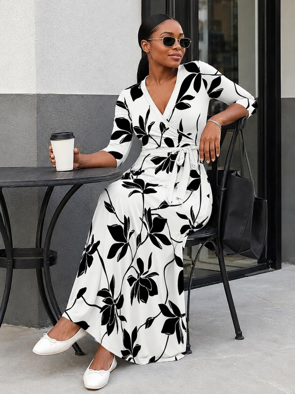 PinkPatty Plus Size Maxi Dresses for Women Casual Flowy Long Dress 3/4 Sleeve V Neck Wrap Dress with Belt(Black White 2XL)