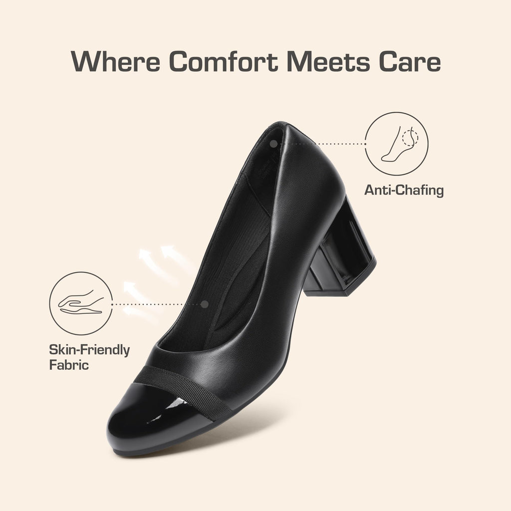 DREAM PAIRS Women's Pumps Low Chunky Block Heel Dress Shoes Closed Round Toe Comfortable Heels,Size 8W,Black-Pat,SDPU24031W-W