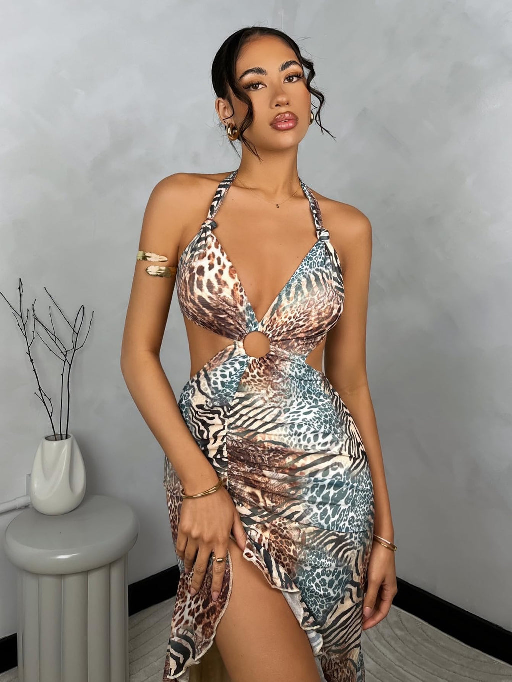 WDIRARA Women's Halter Cut Out Dress Floral Cheetah Print Asymmetrical Hem Sexy High Slit Mesh Ruffle Dresses Green Multicolor X-Small
