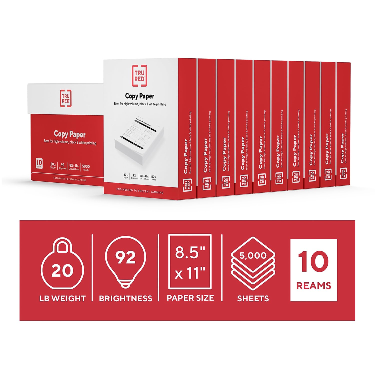 TRU RED 8.5x11 Copy Paper 20 lb. 92-Bright 5000 Sheets/Carton, For Office, School & Home
