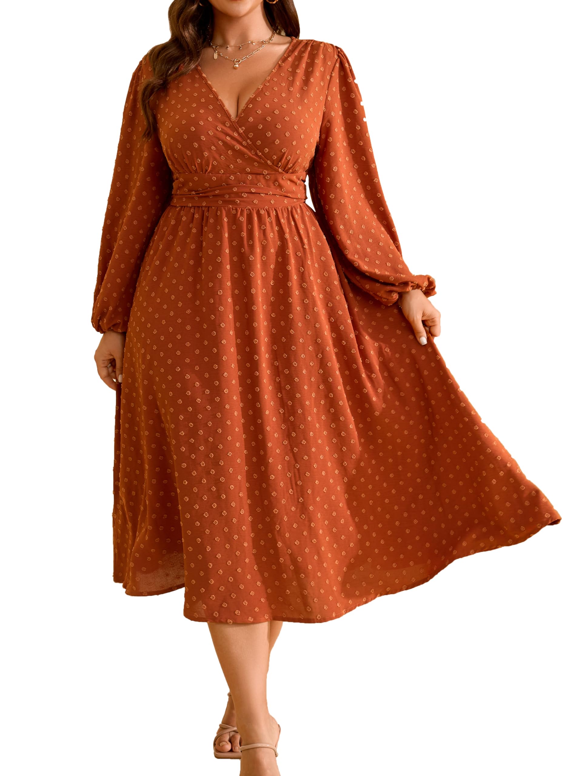 RWJ Women's Plus Size Fall Wedding Guest Dress Wrap V Neck Swiss Dot Lantern Long Sleeve Swing Boho Casual Dresses Burnt Orange X-Large
