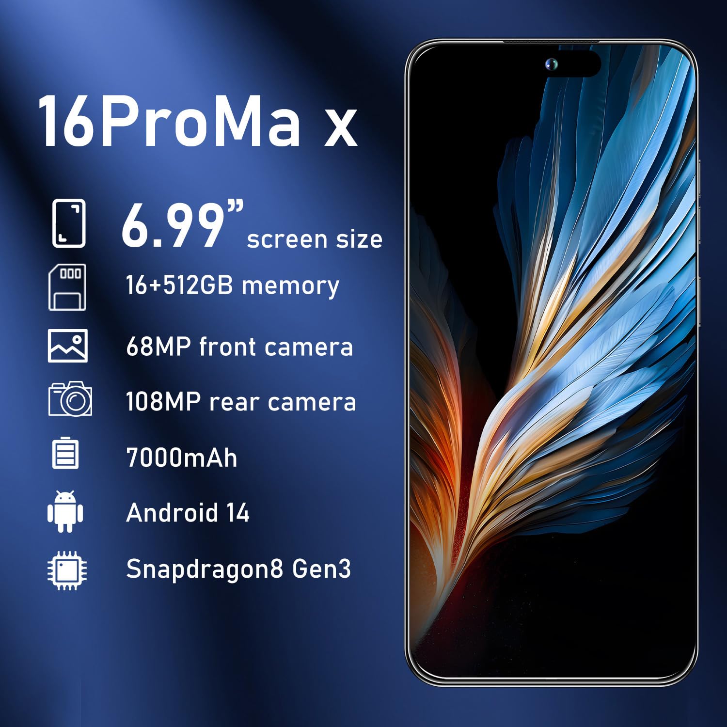 OEJBK 16PM Smartphone New Upgrade 16GB+512GB/6.99" Display 68+108MP Zoom Camera,Tempered Glass Finish, 7000mAh Android 14 Smartphone (Deep Purple)