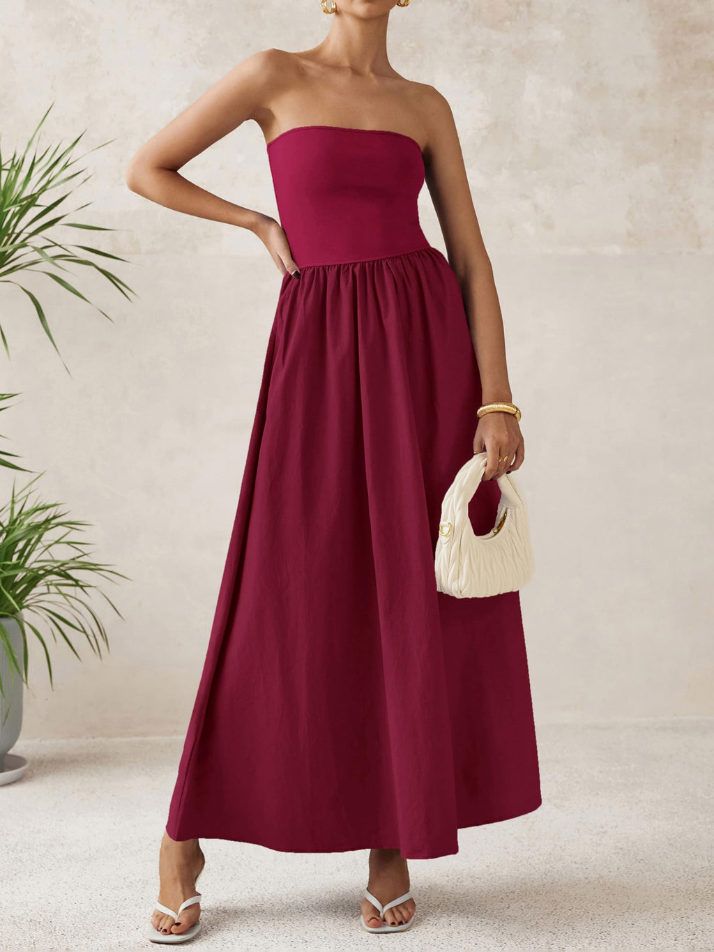 PRETTYGARDEN Women 2026 Summer Elegant Strapless Maxi Dress Tube Top Dress A Line Flowy Long Wedding Party Cocktail Dresses(Wine Red,X-Small)