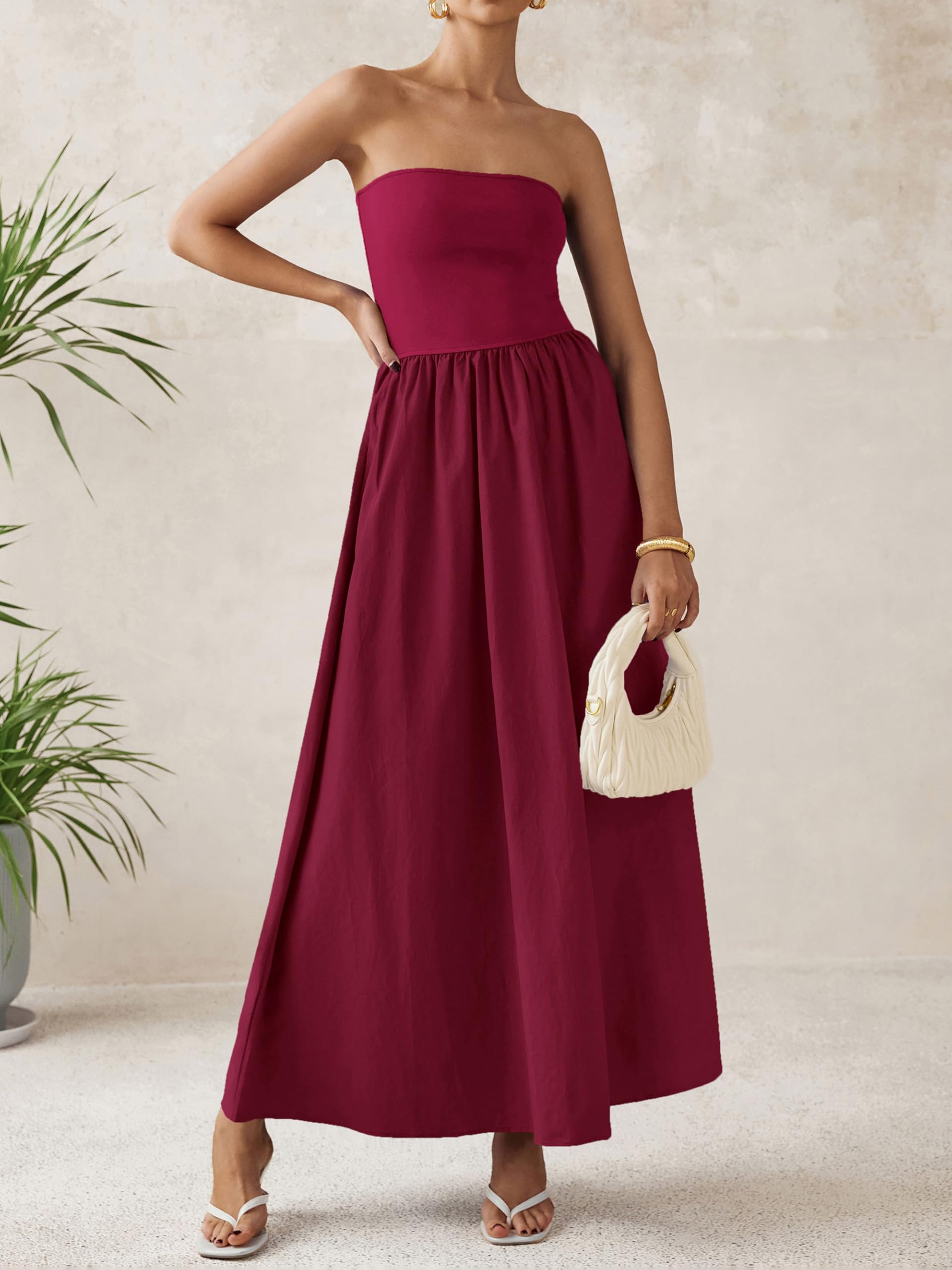 PRETTYGARDEN Women 2026 Summer Elegant Strapless Maxi Dress Tube Top Dress A Line Flowy Long Wedding Party Cocktail Dresses(Wine Red,X-Small)