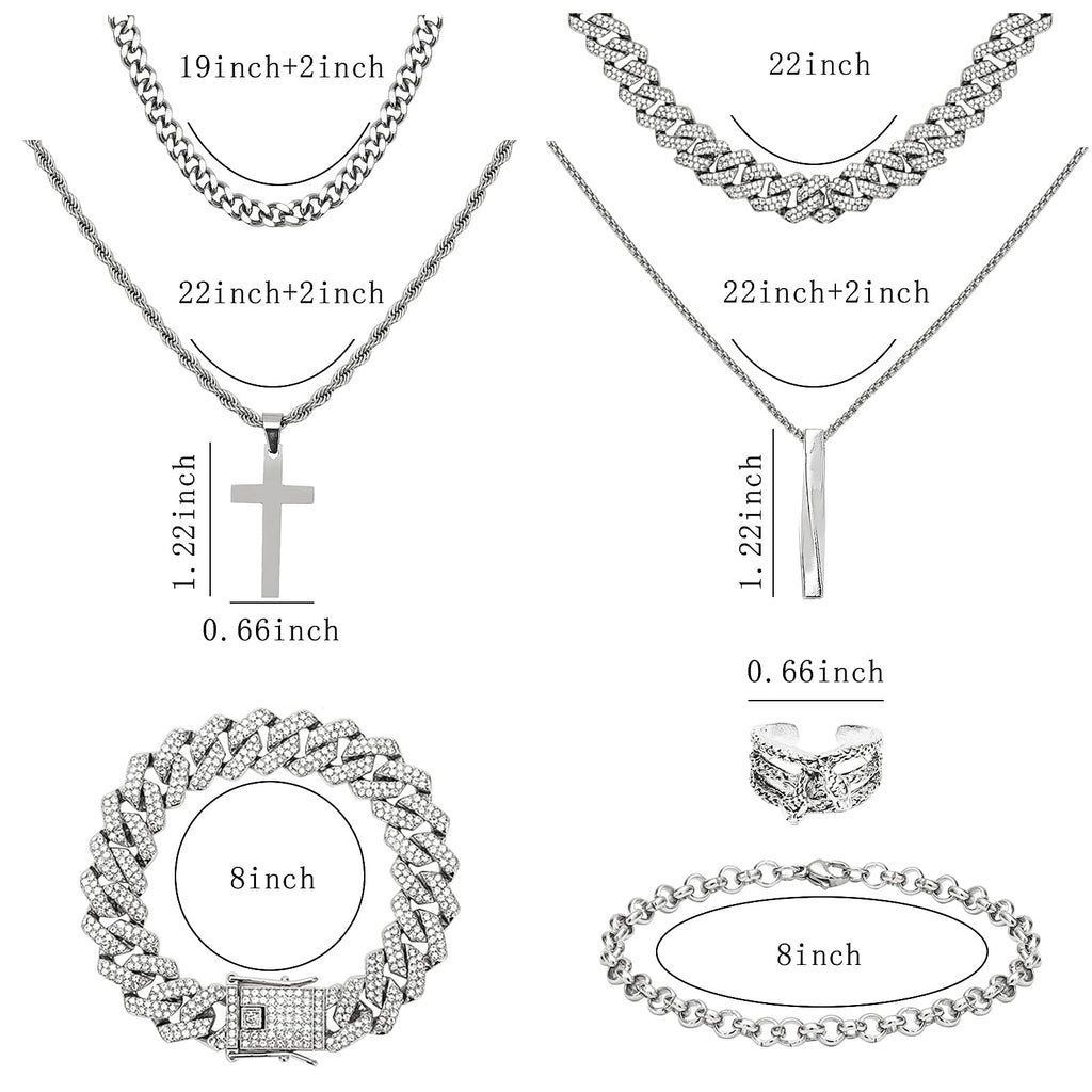 NEWITIN 15 Pieces Silver Jewelry Set for Men Stainless Steel Cuban Link Necklace Bracelet Cross Pendant Necklace Vintage Ring Cuban Jewelry Set for Men Women