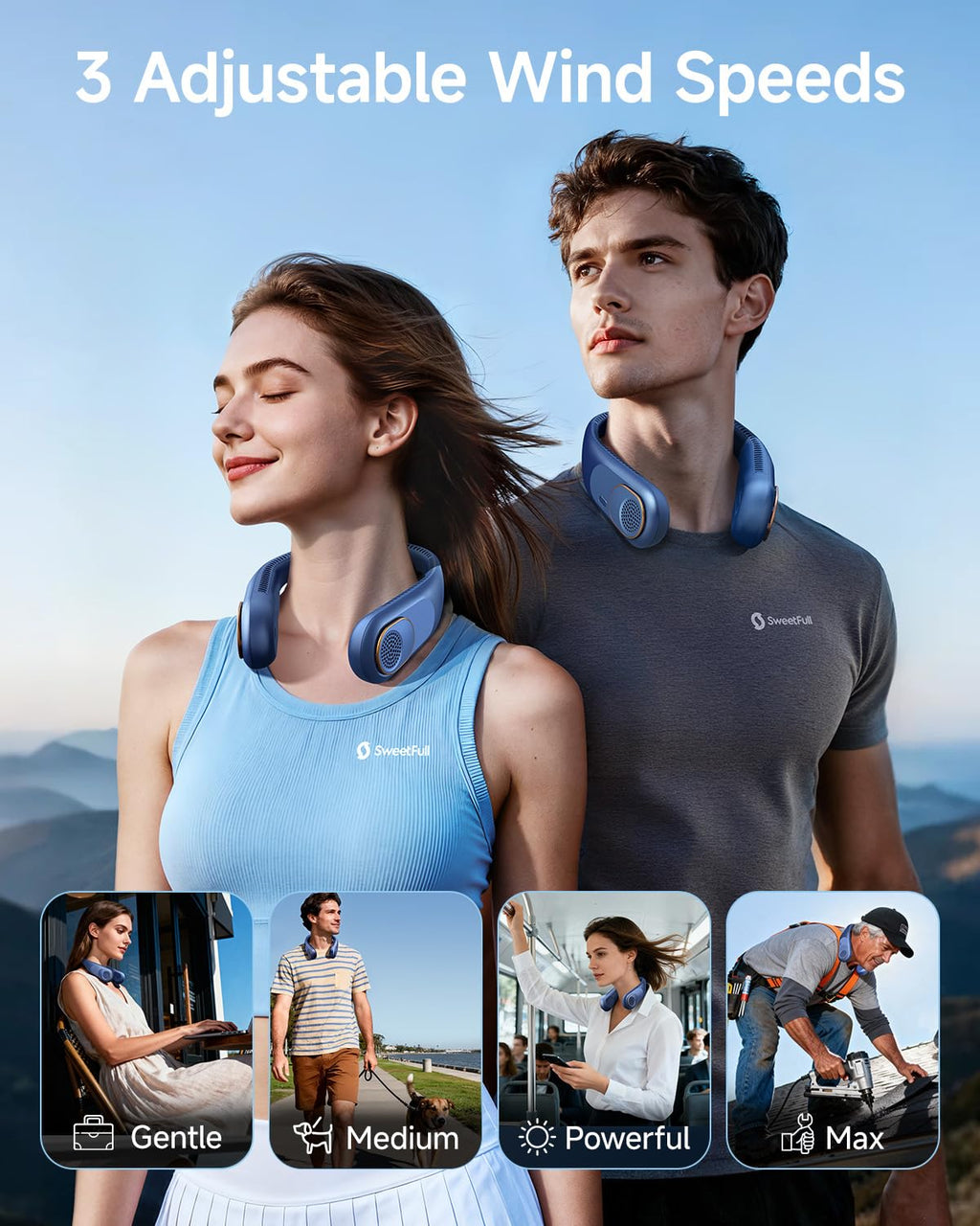 SWEETFULL Portable Neck Fan 360° Cooling Bladeless Personal Fan | No Hair Twisting - 4000mAh USB Rechargeable Wearable Fan for Travel, Birthday Gifts for Men, Women, Mom, and Dad