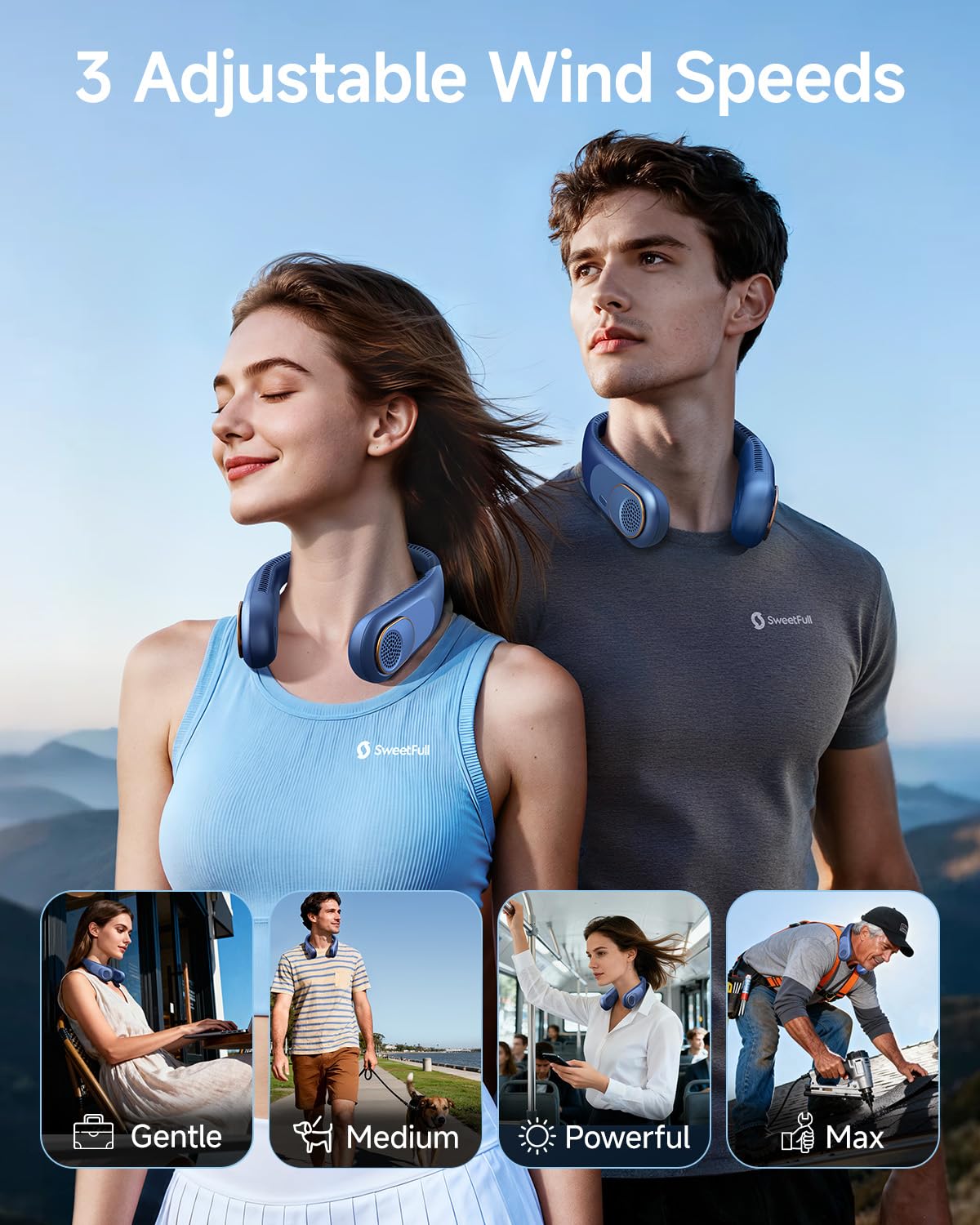 SWEETFULL Portable Neck Fan 360° Cooling Bladeless Personal Fan | No Hair Twisting - 4000mAh USB Rechargeable Wearable Fan for Travel, Birthday Gifts for Men, Women, Mom, and Dad