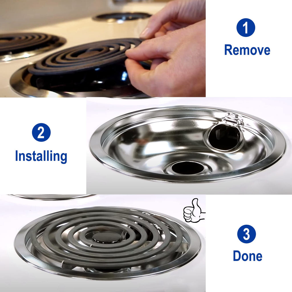 Mejiao Stove Burner Covers,Chrome Replacement Drip Pans for Frigidaire Kenmore 316048413 and 316048414,4 pcs (3x6" and 1x8")