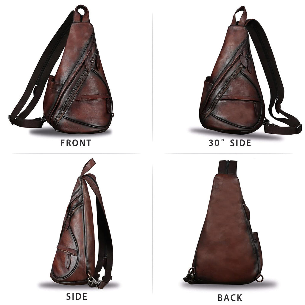 IVTG Genuine Leather Sling Bag for Men and Women Vintage Sling Backpack Shoulder Crossbody Bag Chest Bag for Ipad (LightCoffee)