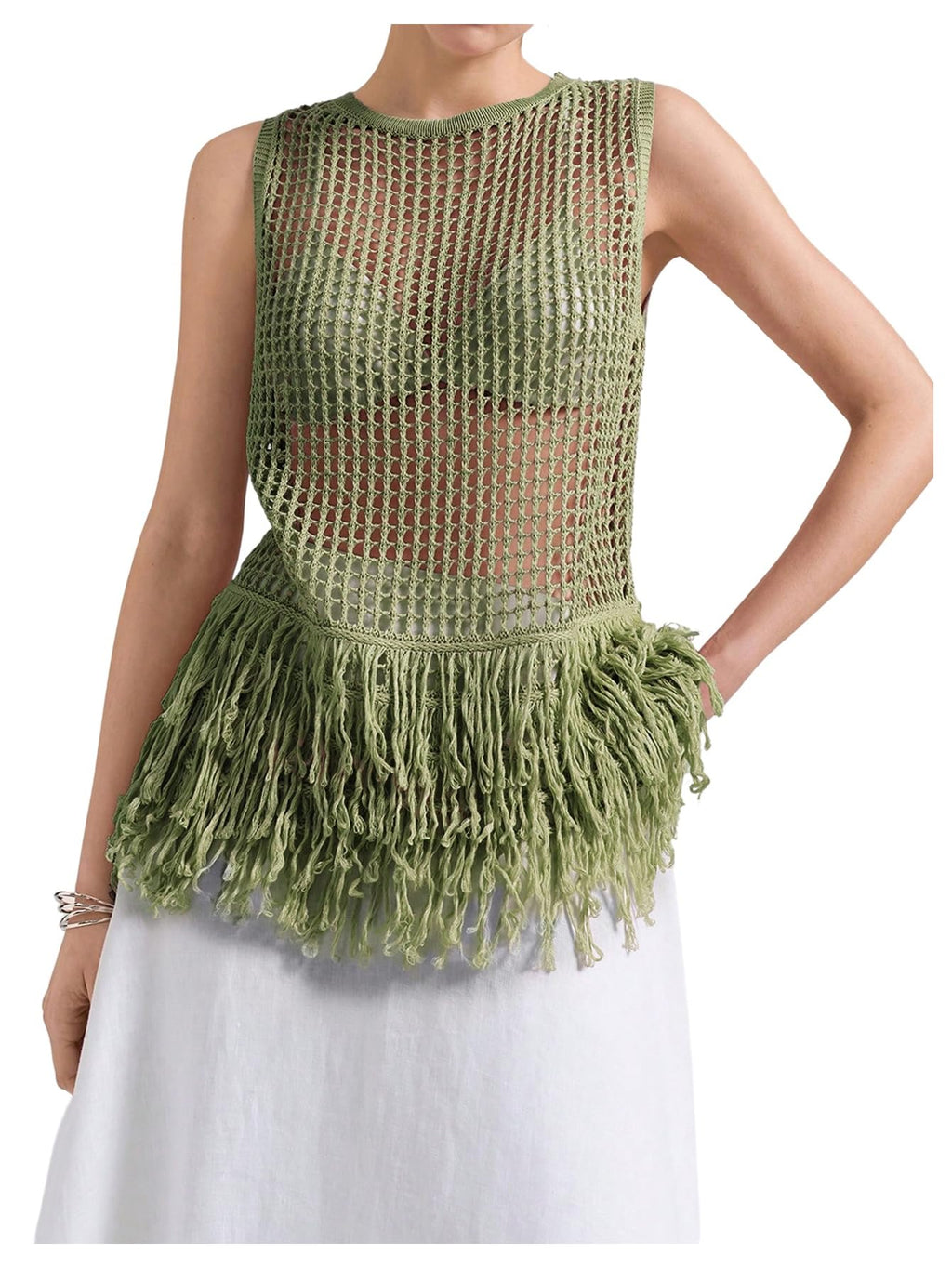 Milumia Women's Hollow Out Fringe Knitted Tank Top Sexy Sheer Sleeveless Long Sweater Vests Army Green Small